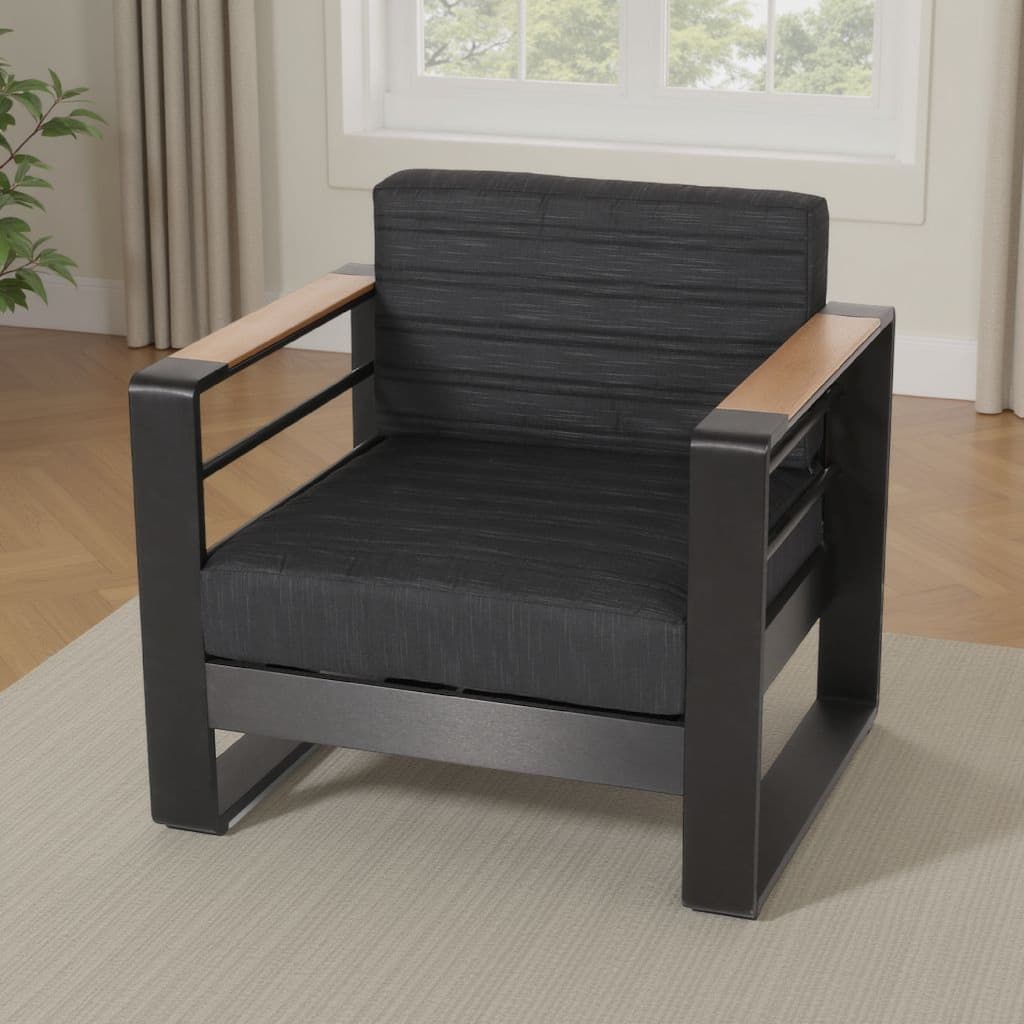 Accent Club Chair, Slat Panel Design, Modern Open Back, Aluminum Black Wood