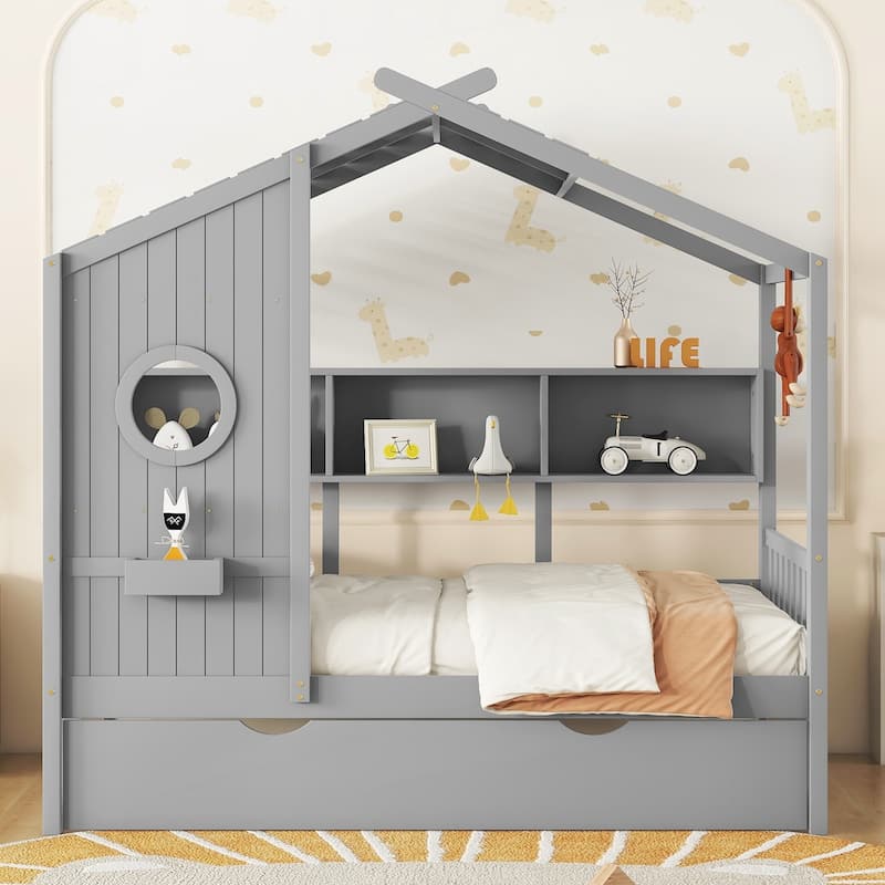 Wooden Twin Size House Bed With Trundle, Modern Design for Kids with Storage Shlef
