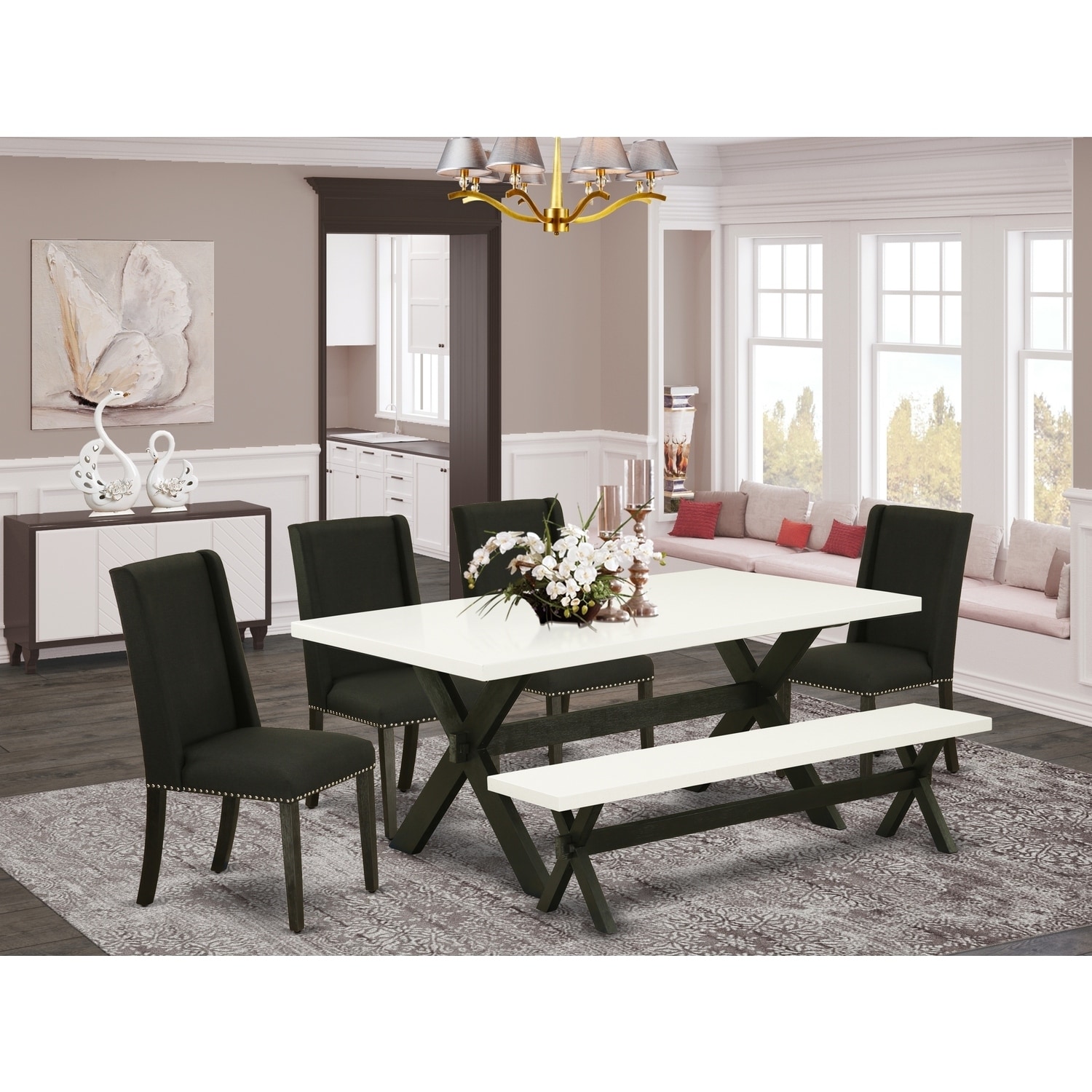 Kitchen Dining Set 6 Piece - Black Linen Chairs & Wood Table with Bench