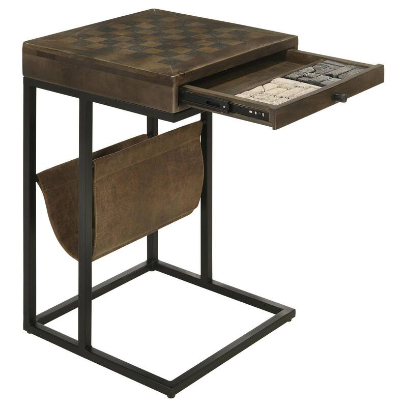 27 Inch Chess Side Table, Drawer, Magazine Holder, Tobbaco Brown Mango Wood