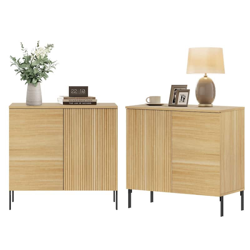 Modern Minimalist Wood Nightstand With Doors ,31.5" End Table,Reeded Design Bedside Table - Oak-2PCS