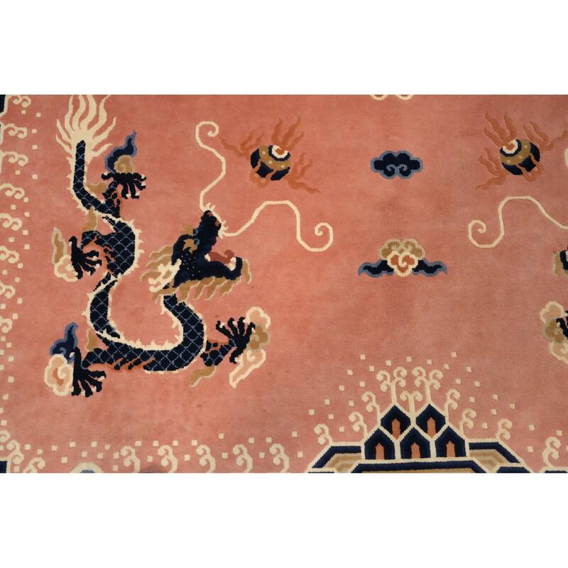 Hand Knotted Oriental 100% Wool Carpet Traditional Geometric Pink Art Deco Area Rug - 11' 1'' X 8' 0''