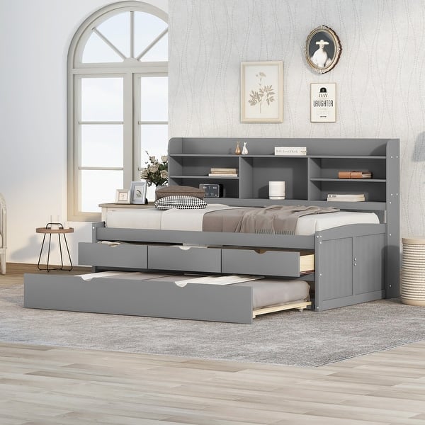 slide 2 of 26, Twin Wooden Captain Bed with Bookshelves, Trundle, and Drawers, Light Grey Light Grey