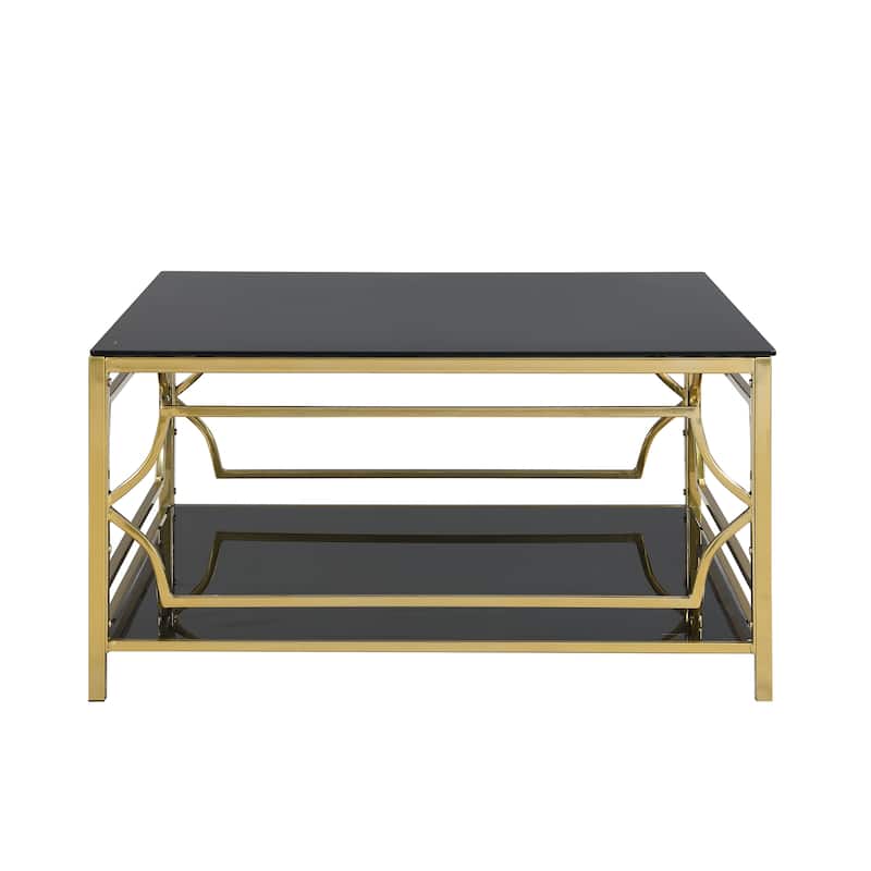 Square Glass Coffee Table in 33.5",Luxurious Geometric Metal Frame,Gold Finish & Lower Shelf