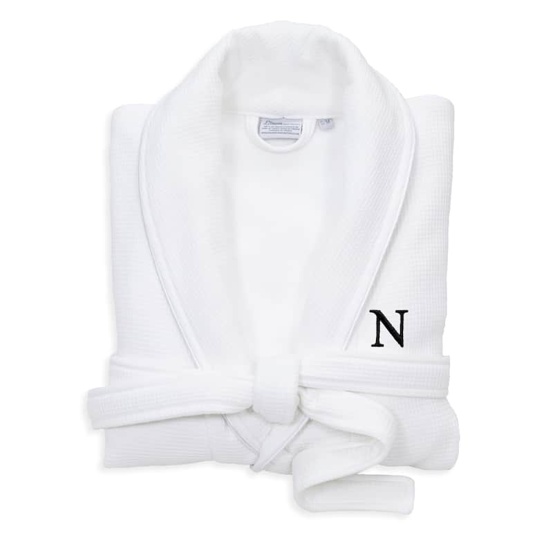 Authentic Hotel and Spa White Unisex Turkish Cotton Waffle Weave Terry Bath Robe with Black Block Monogram - S/M - N