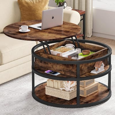 Moasis Farmhouse Lift Top Round Coffee Table with Hidden Storage and Shelf