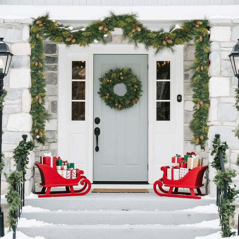 6-Piece Set Pre-Lit White LED Lights Holiday Christmas Garland, Wreath - N/A