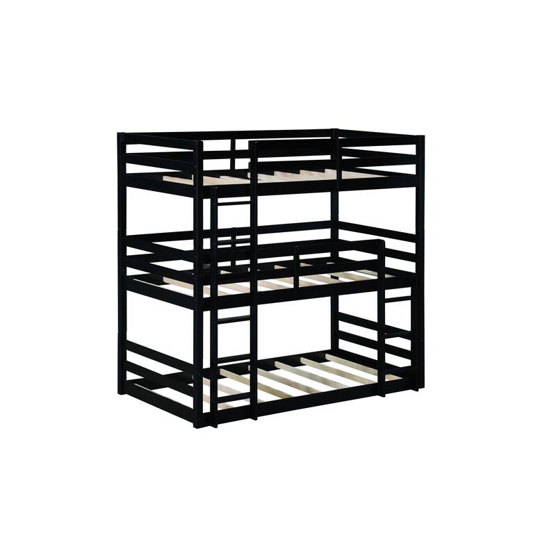 Triple Rubber Wood Bunk Bed with Two Built-in Ladders, Guardrails, Twin over Twin over Twin, Detachable Triple Twin Bunk Bed