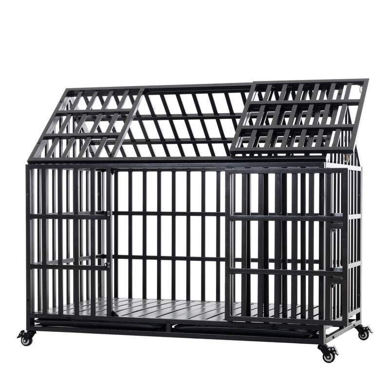 52" Heavy Duty Dog Crate, XL Metal Dog Kennel Cage for Large Dogs, Pet Crate with 2 Door, 4 Lockable Wheels & Removable Tray
