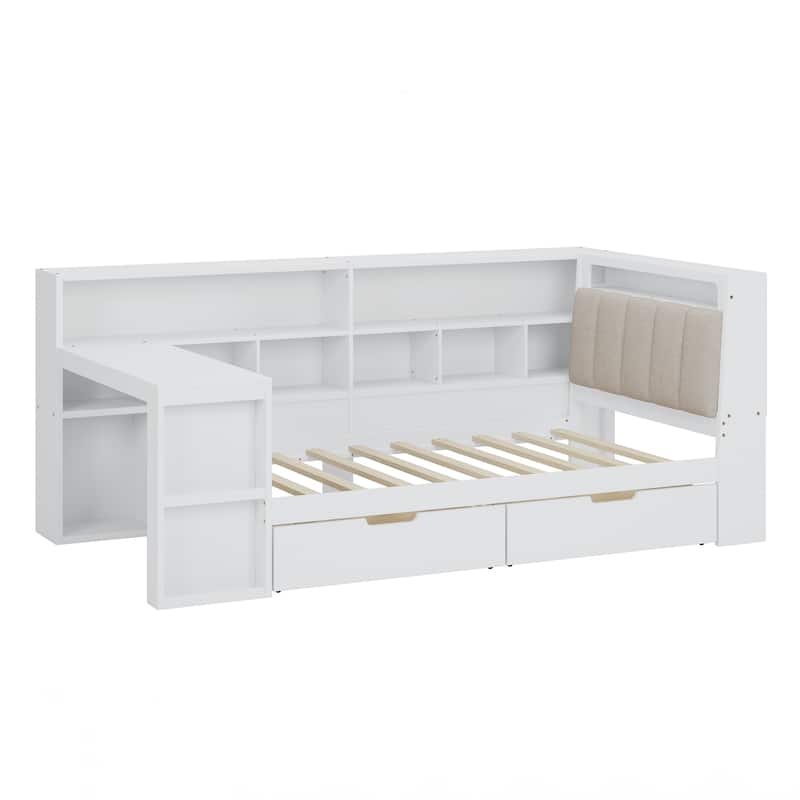 Twin Size Wooden Daybed with Desk and Storage Bookcase, Corner Bed with Headboard and Under-bed Drawers and LED Light