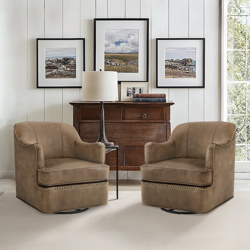 Set of 2 Genuine Leather Swivel Upholstered Accent Barrel Chair with Metal Base for Living Room - Grayish Brown