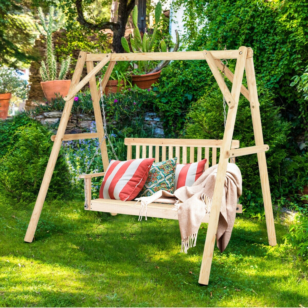 Shop Costway 4 Ft Porch Swing Natural Wood Garden Swing Bench
