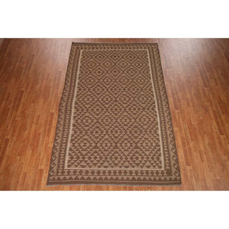 Geometric Kilim Brown Area Rug Flat-weave Wool Carpet - 6'6" x 10'0"