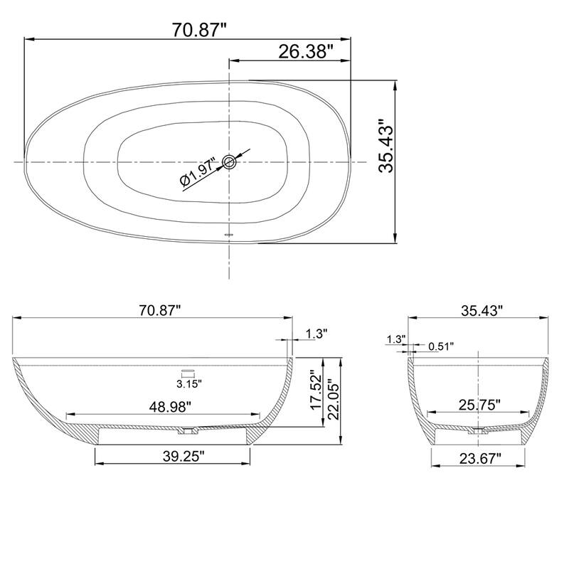 71 inch Artificial Stone Solid Surface Freestanding Bathroom Bathtub
