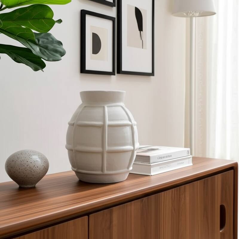 Paper Mache Vase Raised Grid Texture Modern Design - 11" White