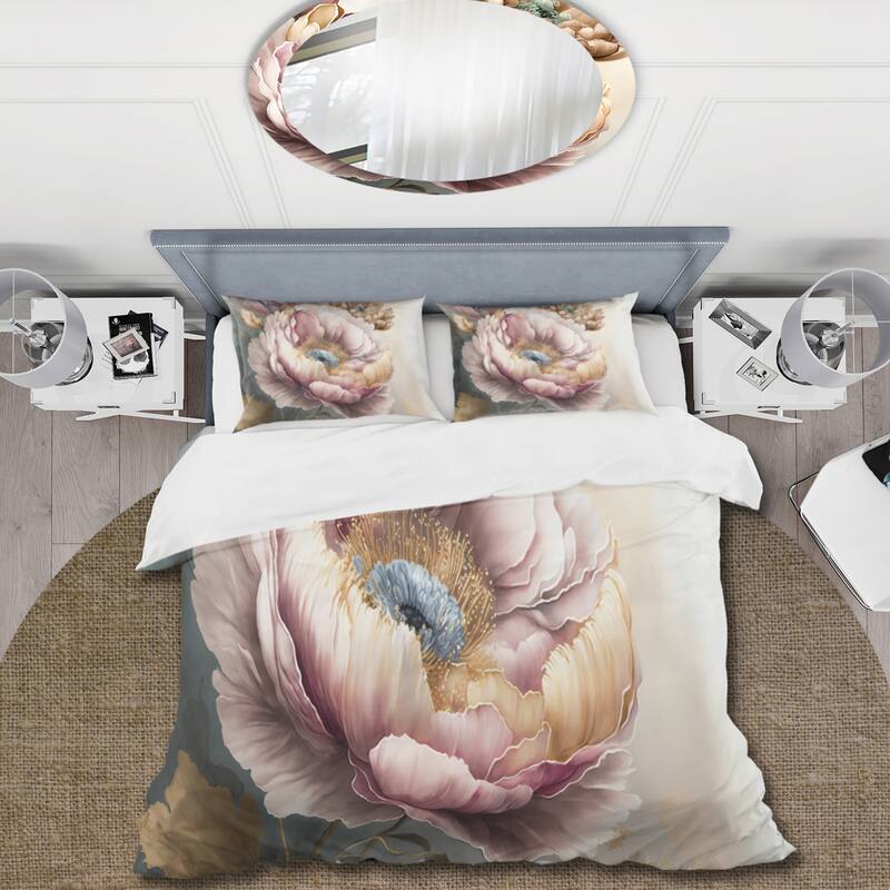 Designart "Pink And Gold Poppy Flowers I" Pink Traditional - Bed Cover Set With Shams