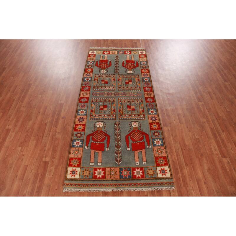 Hand Knotted Oriental 100% Wool Carpet Traditional Tribal Greys & Charcoal Heriz (serapi) Runner Rug - 9' 11'' X 4' 1''