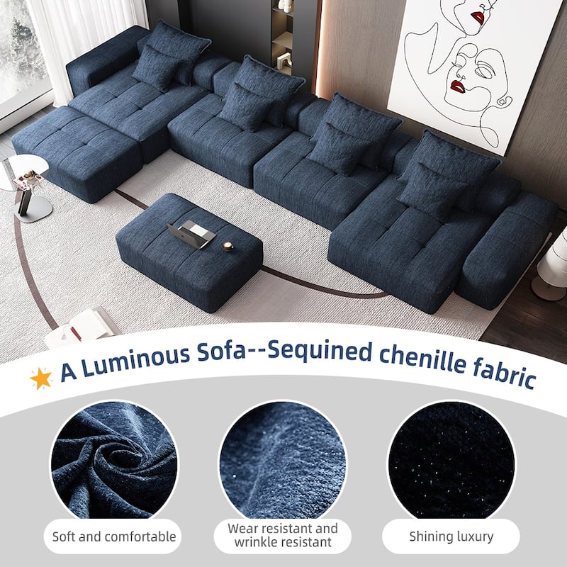 Modern Oversized Modular Sectional Sofa, Sparkling Chenille, 8 Pillows, No Assembly, Blue