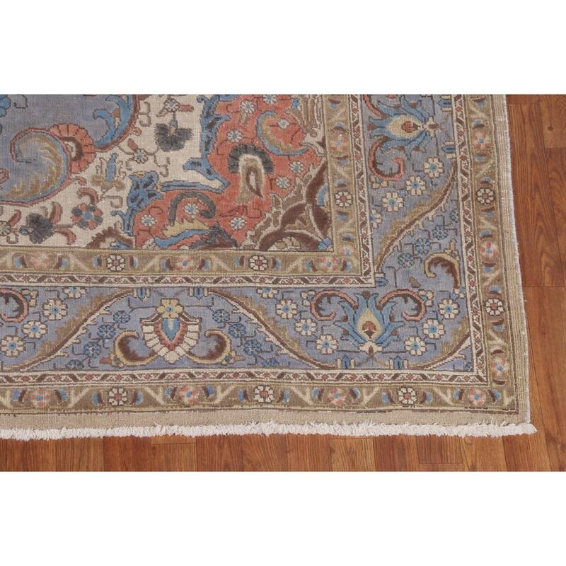 Blue Distressed Tabriz Persian Vintage Rug Hand-Knotted Wool Carpet - 7'4" x 10'3"