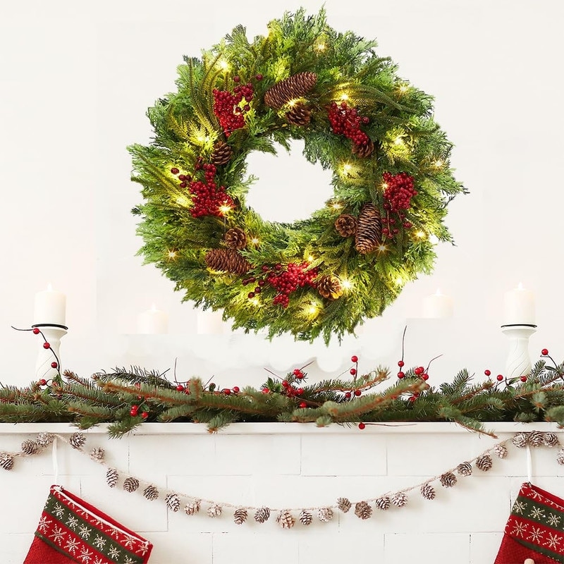 Lighted Christmas Wreath - Pre-Lit with Red Berries for Door, Window and Wall Holiday Decor