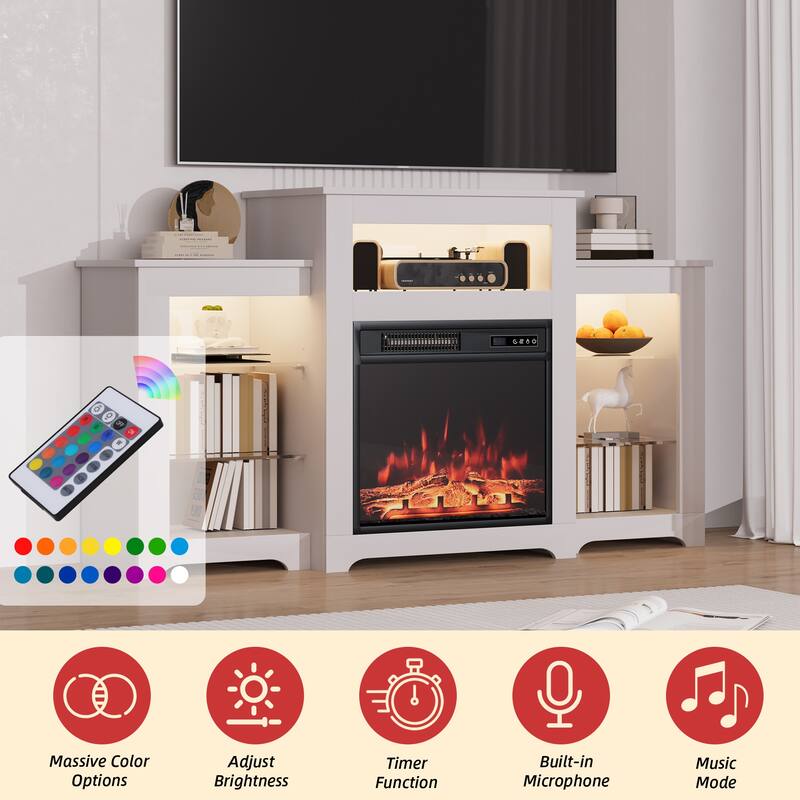 32" H TV Stand with Fireplace for TVs up to 80" - Remote Control, Energy-Efficient Heater, 16-Color Light Strip