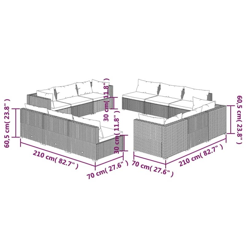 vidaXL Patio Lounge Set Outdoor Sectional Sofa Set Table Garden Poly Rattan - 27.6" x 27.6" x 23.8"