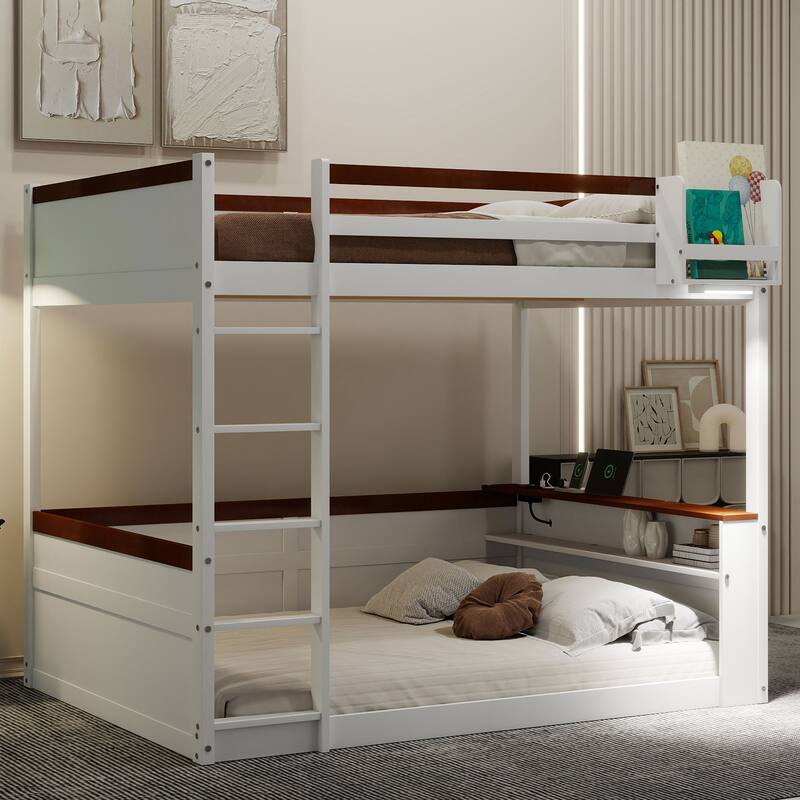 Queen Size Wooden Bunk Bed with Shelves, Storage Box, LED Light, and USB Charging Station