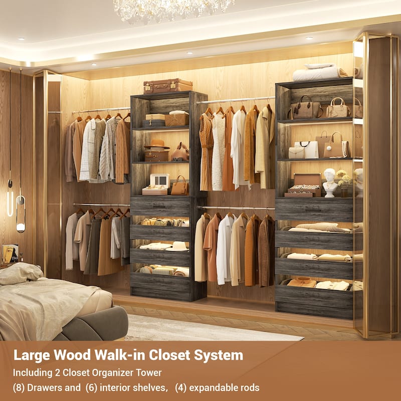 Qvella 95''-136'' W Closet System with 8 Wooden Drawers and 4 Hanging Rods, Walk-in Closet Organizer with 6 Storage Shelves