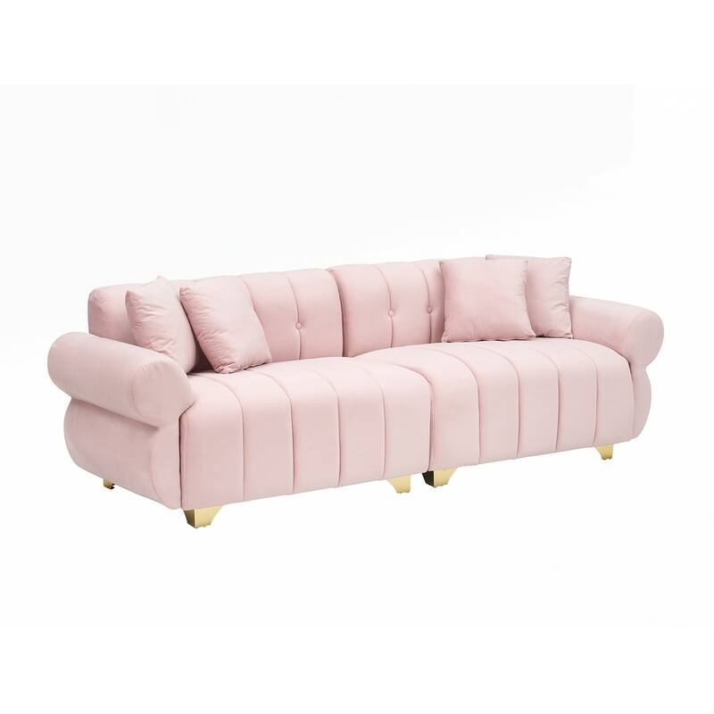 spring-wrapped Sofa cushions with stylish metal feet and 4 throw pillows