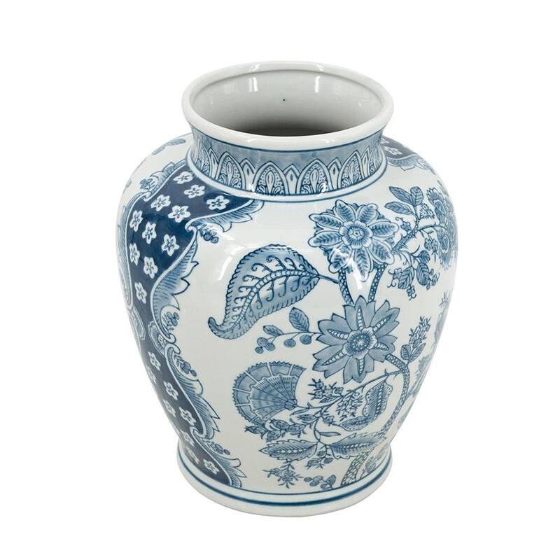 11" Light Blue And White Floral Round Porcelain Jar - 9.10