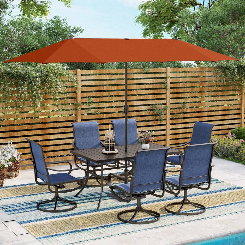 MAISON ARTS 7-piece Patio Dining Set with Textilene Swivel Chairs - Navy+Red Umbrella