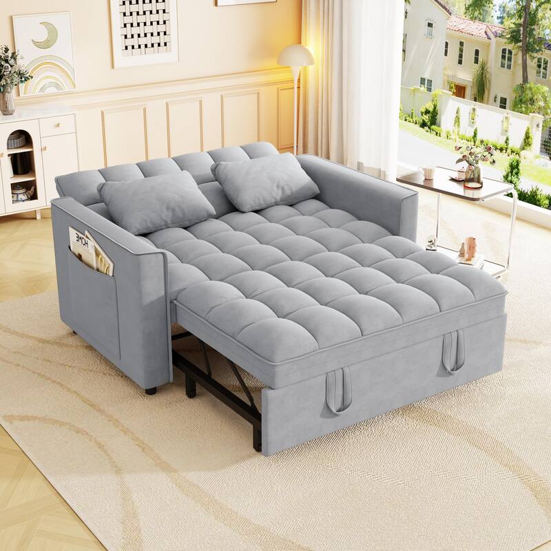 Anmytek Modern Velvet Small Loveseat Pull Out Sleeper Sofa Bed with Pillows and Side Pockets