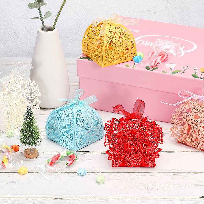 25Pcs Paper Hollow Laser Cut Wedding Favor Candy Boxes with Ribbon