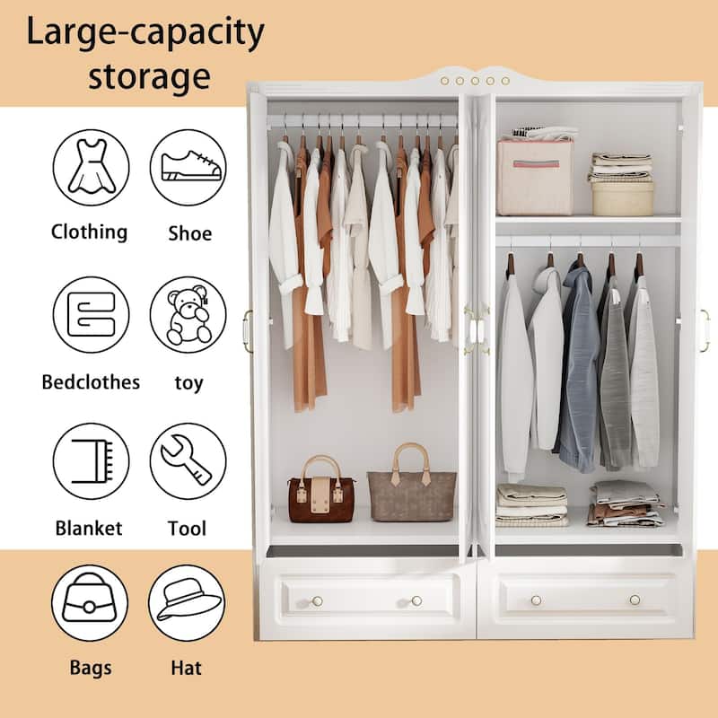 White Wardrobe Closet with 2 Drawers - Modern Storage Cabinet