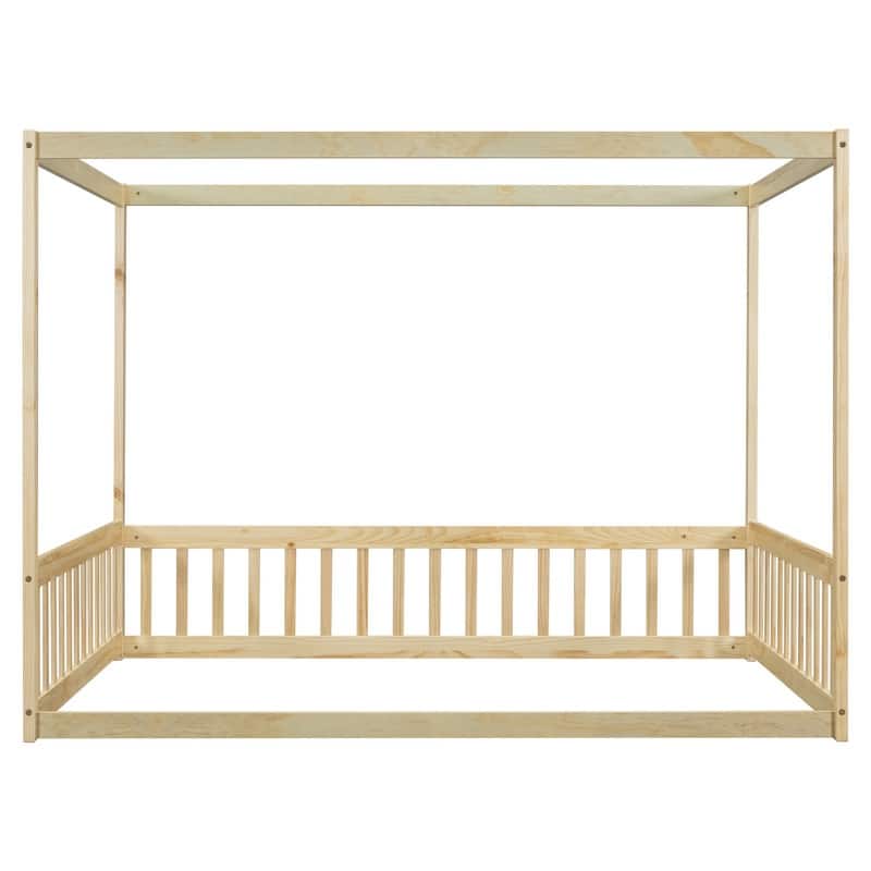 Full Size Wood Canopy Bed with Guardrails,Floor Bed For Kids