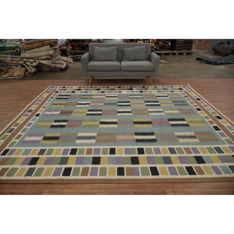 Hand Woven Oriental 100% Wool Carpet Southwestern Tribal Navy Blue & Blues Kilim Area Rug - 10' 2'' X 9' 8''
