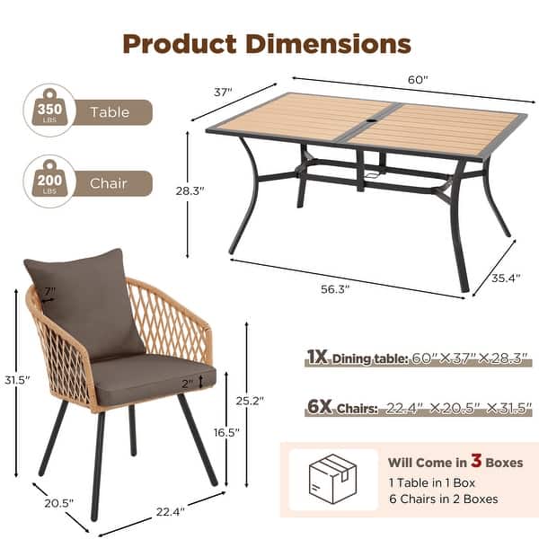 EROMMY 7-Piece Outdoor Dining Set with 6 Rattan Chairs, Rectangular Table (Umbrella Hole Included), All-Weather Patio Furniture