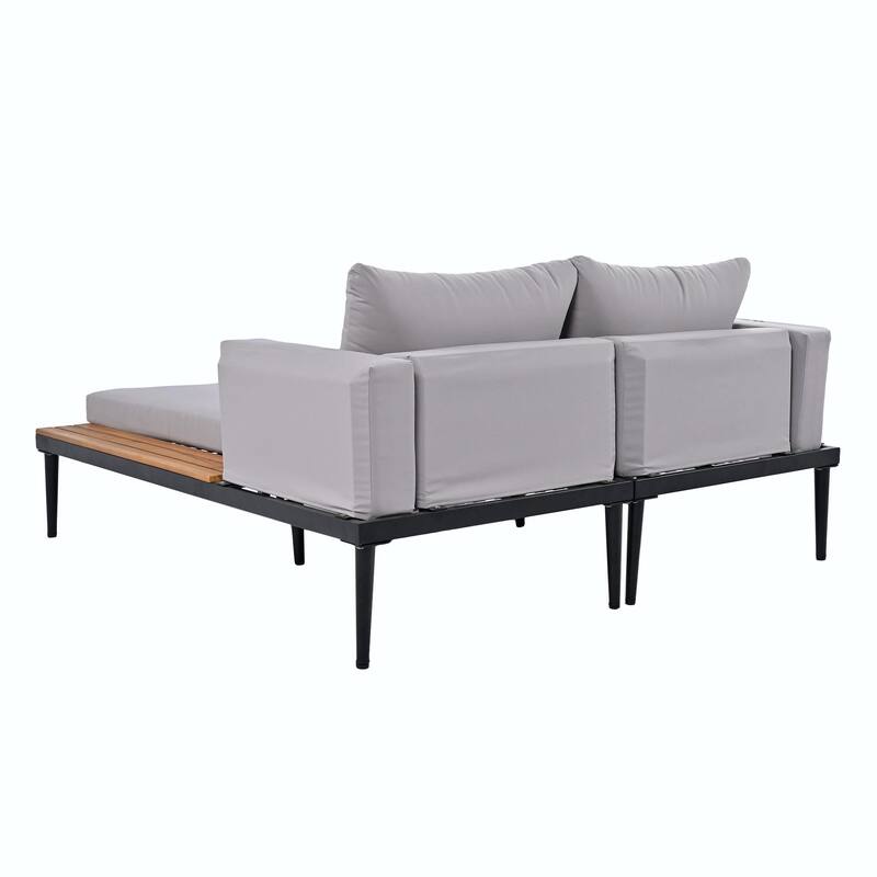 Modern Outdoor Metal Daybed with Wood Topped Side Spaces, 2-in-1 Padded Chaise Lounges