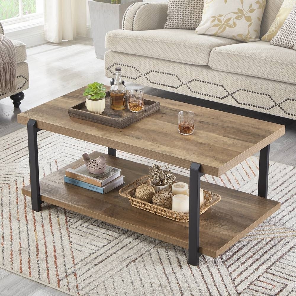 FOLUBAN Industrial Coffee Table with Shelf, Wood and Metal Rustic 
