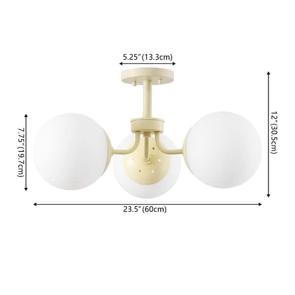 dimension image slide 3 of 5, JONATHAN Y Ojai 23.5" 3-Light Bohemian Farmhouse Iron/Frosted Glass LED Semi Flush Mount, Brass Gold/White