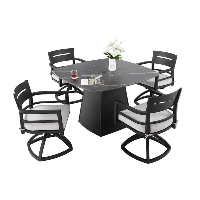 5-Piece Outdoor Aluminum Square Dining Set with Sintered Stone Top, Swivel Rockers, Sunbrella Fabric