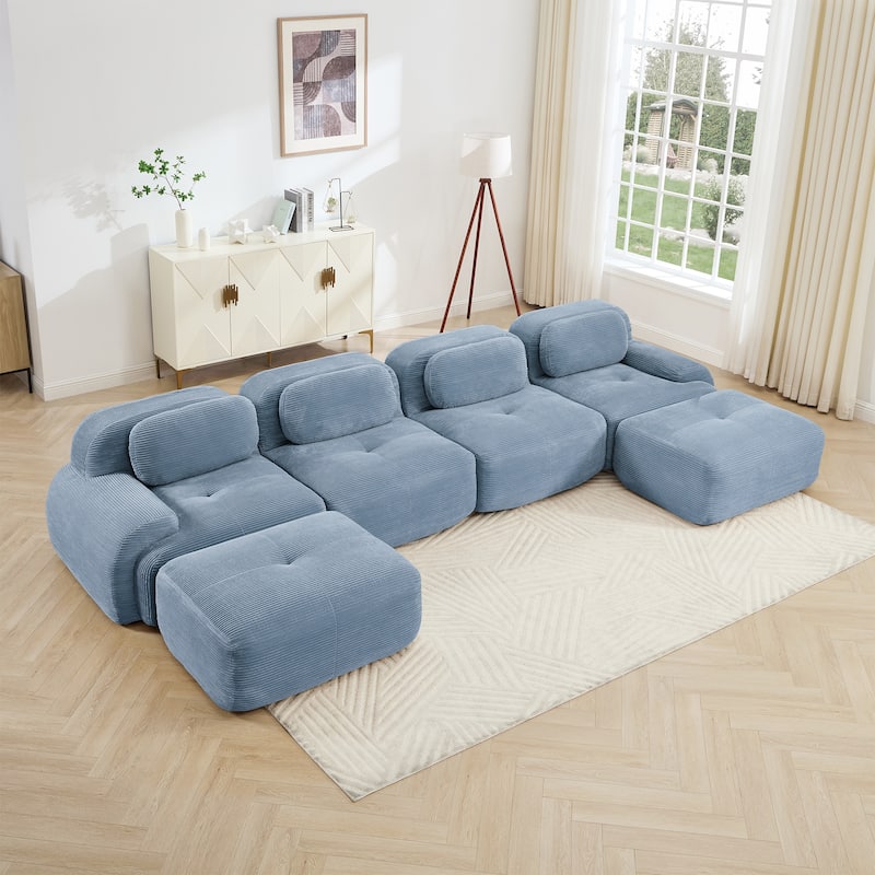 Corduroy Modular Boneless Sectional Sofa with Ottoman, Free combination, Pet-Friendly, No Assembly Required - Blue 152.7" U-Shaped