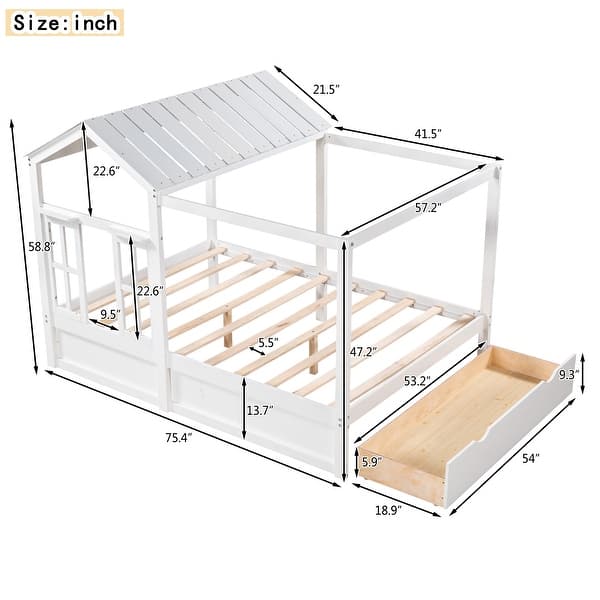 Full Size House Bed Modern Wood Canopy Bed with Roof, Window and Large Drawer