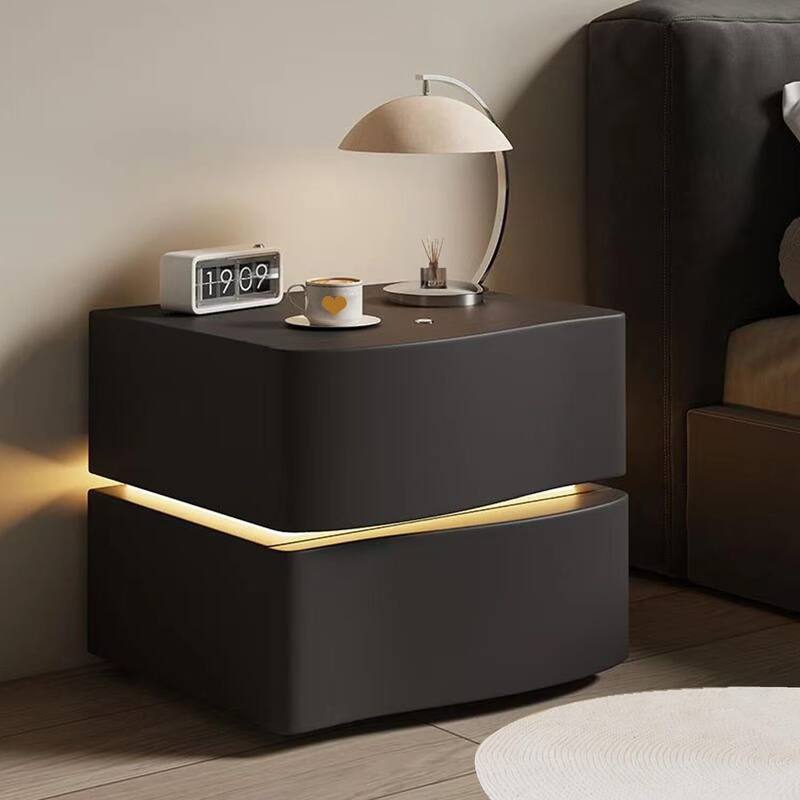 Modern Leather Nightstand with LED Light & 2 Drawers - Black