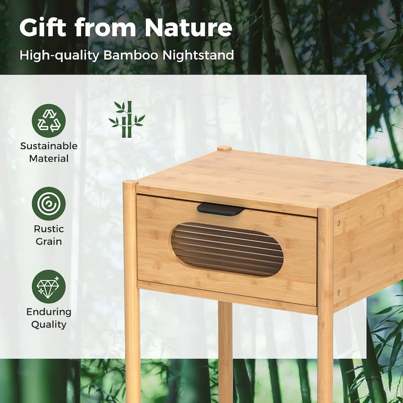 Gymax Bamboo Nightstand Farmhouse Bedside Table w/ Tempered Glass