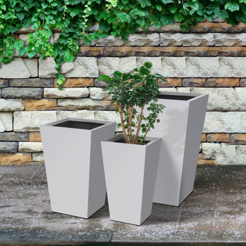 Kante 24", 18", 15.7" Tall Tapered Pure White Concrete Metal Planters (Set of 3), w/ Drainage Hole, Modern Style for Home/Garden
