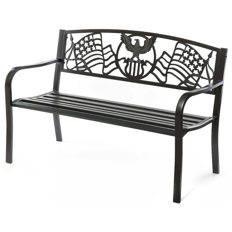 Steel Outdoor Patio Garden Park Seating Bench with Cast Iron "Patriotic American Flag and Eagle" Backrest, Front Porch Bench - Black