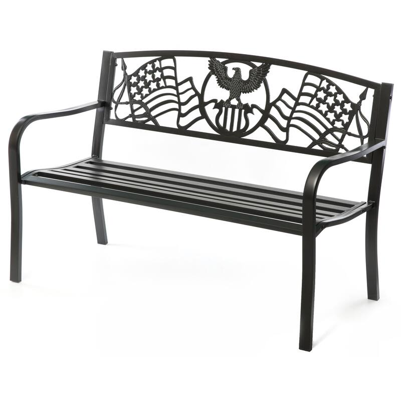 Steel Outdoor Patio Garden Park Seating Bench with Cast Iron "Patriotic American Flag and Eagle" Backrest, Front Porch Bench