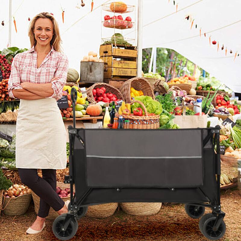 Extra Large 300L Tall Folding Wagon - 480lb Capacity with Brakes, Pockets & Drink Holders, Black & Gray