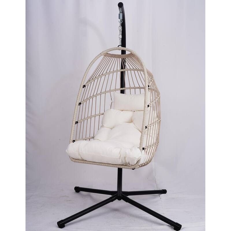 Outdoor Egg Hanging Chair, Swing Chair with Stand & Aluminum-Steel Frame, Patio Rattan Wicker Hanging Swing Egg Chair